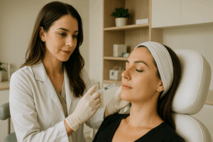 Dermatologist administering aesthetic injectable treatment to a female patient in a modern clinic setting.