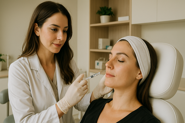 Dermatologist administering aesthetic injectable treatment to a female patient in a modern clinic setting.